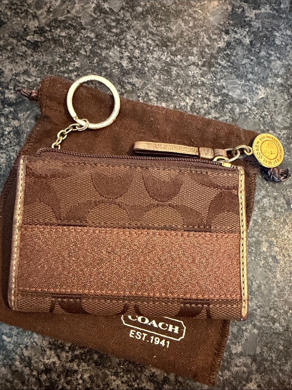 Coach Brown Signature Card Holder with Key Ring and Zip Pocket